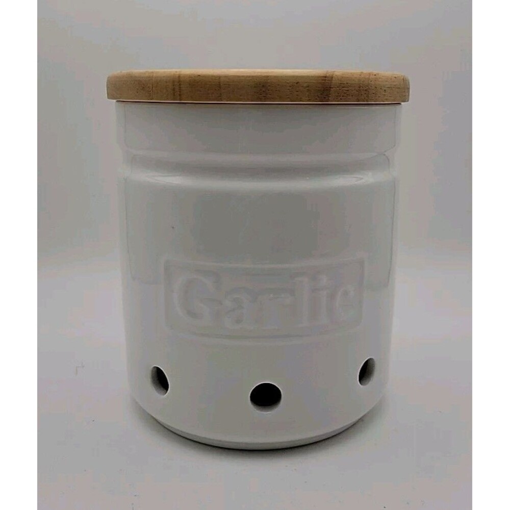 Large Garlic Keeper With Wooden Lid Ceramic Holder Garlic Container Storage